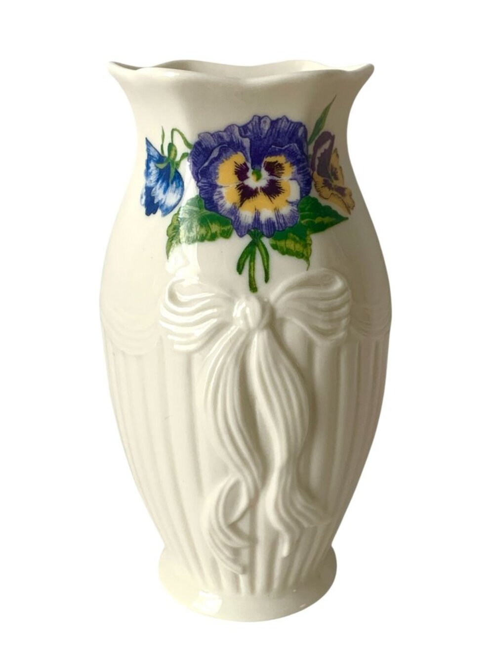 Vintage Belleek Vase Pansy Ribbon Porcelain